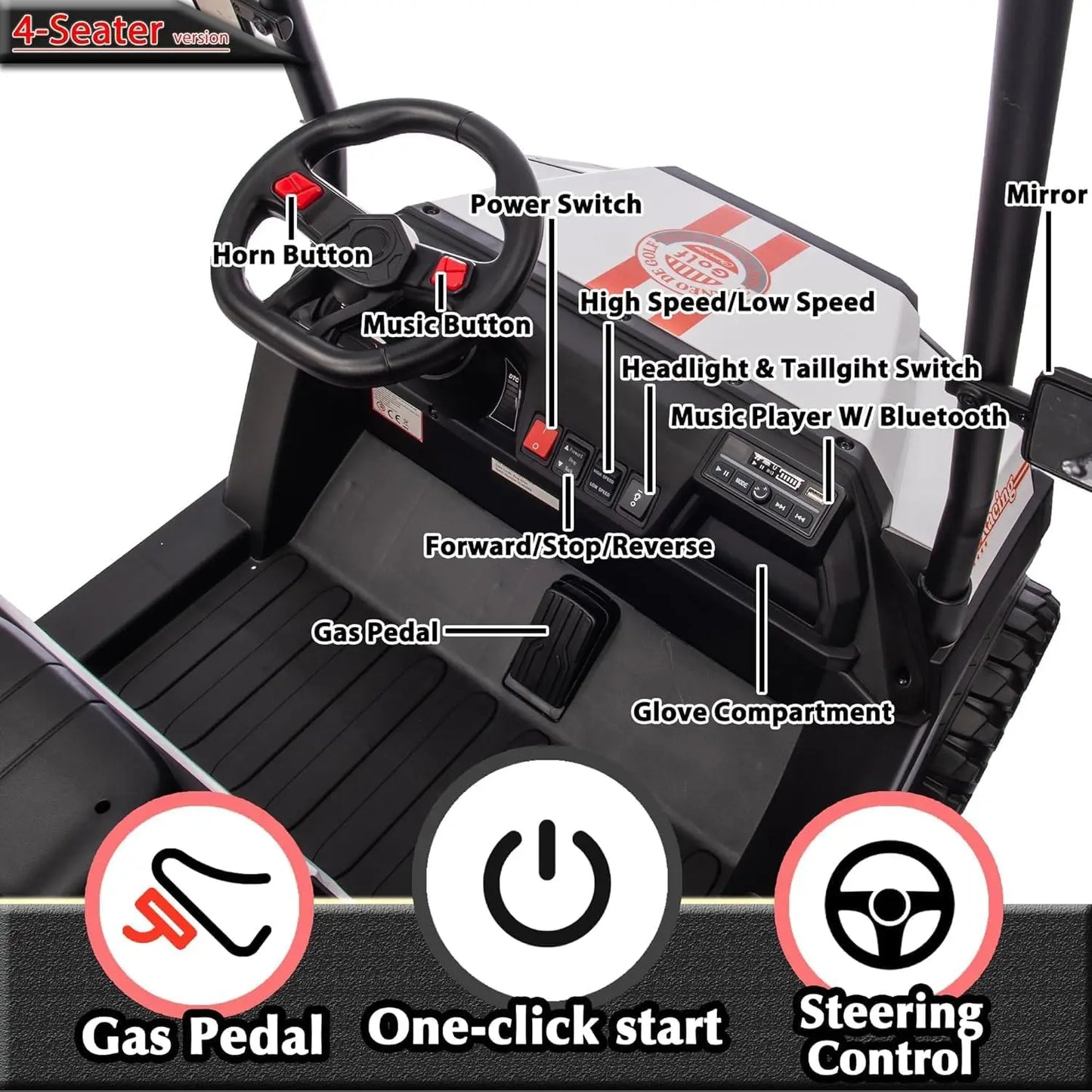 24V Ride On Car with Remote Control 4 Seater Golf Cart 4x4 Electric Ride On Toys for Big Kids Boys Girls, Plastic Roof, EVA Tire