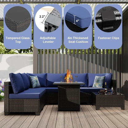 8-Piece Outdoor Patio Furniture Set with Fire Pit Table 28' Wicker Sectional Sofa Conversation Set with Cushions for Garden
