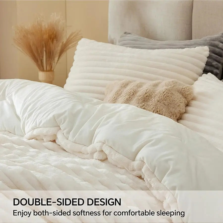 Fleece Queen Comforter Set Super Soft amp Warm Fluffy Cream White Bedding, Luxury Fuzzy Heavy Bed Set for Winter with 2 Pillow C