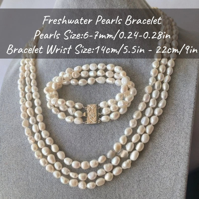 MYSOYA Three-layer White Baroque Freshwater Pearl Necklace Bracelet Set 6-7mm With Gift Box For Her/ Him For Birthday Weddings