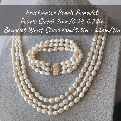 MYSOYA Three-layer White Baroque Freshwater Pearl Necklace Bracelet Set 6-7mm With Gift Box For Her/ Him For Birthday Weddings