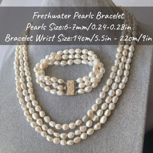 MYSOYA Three-layer White Baroque Freshwater Pearl Necklace Bracelet Set 6-7mm With Gift Box For Her/ Him For Birthday Weddings