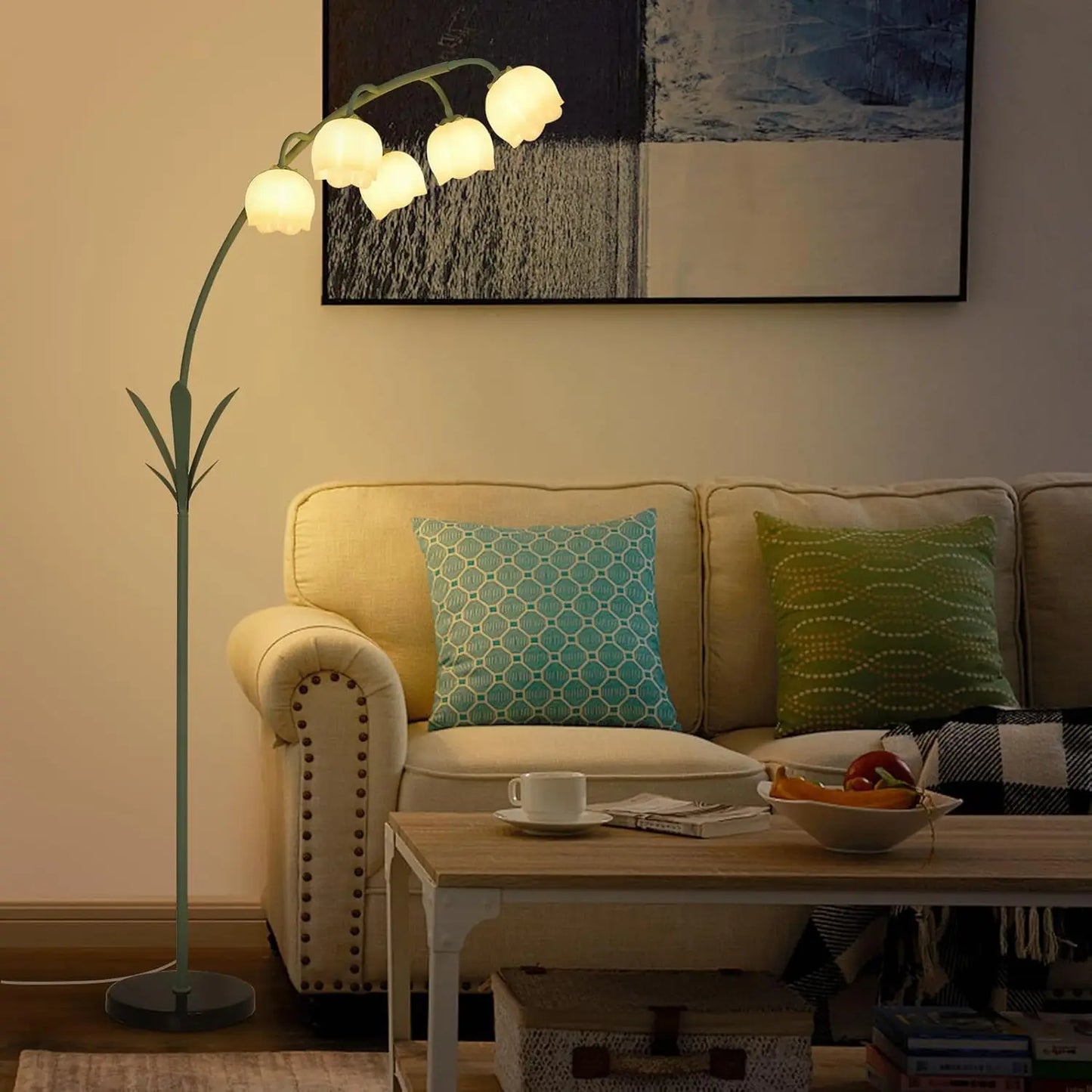 Arc Floor Lamp with 5 G9 LED, Green Floral Standing Lamp, Acrylic Shade, Foot Switch, for Living Room Bedroom Corner