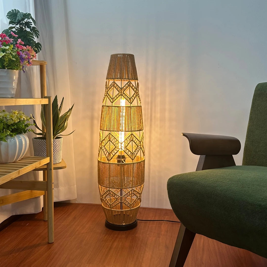 Boho Rattan Floor Lamp Hand-Woven with LED Light Bar, Corner Reading Lamp for Living Room Bedroom