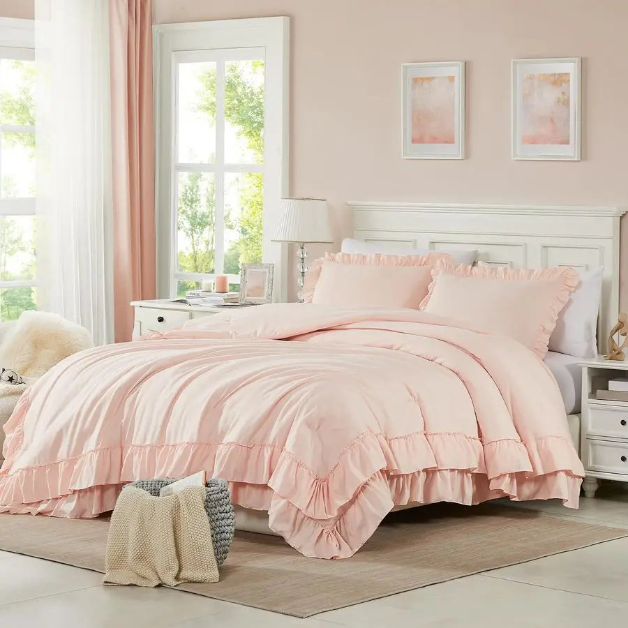 Blush Pink Comforter Set Queen, 3Pcs Comforters Queen Size Ruffle Farmhouse Bedding Sets Queen with Comforter, Lightweight Soft