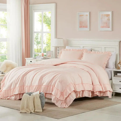 Blush Pink Comforter Set Queen, 3Pcs Comforters Queen Size Ruffle Farmhouse Bedding Sets Queen with Comforter, Lightweight Soft