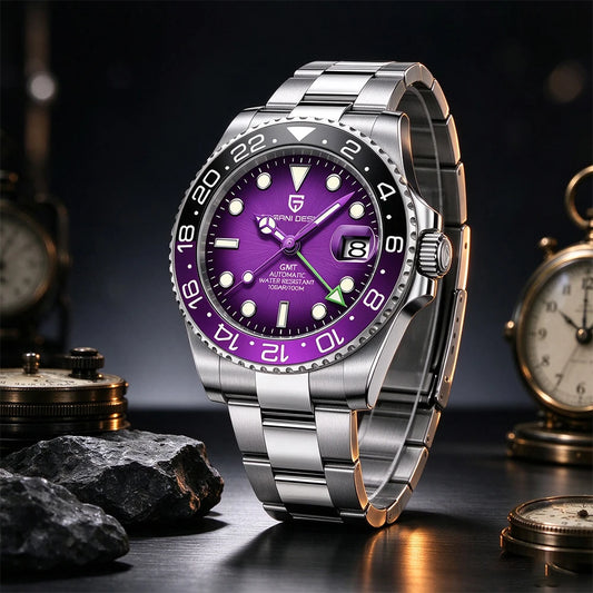 2026 PAGANI DESIGN V2 Black Purple Elegant Low Key Men Mechanical Watch 100M Waterproof Oyster Bracelet Sapphire Glass Stainless Steel Men Automatic Watch Gift Watches