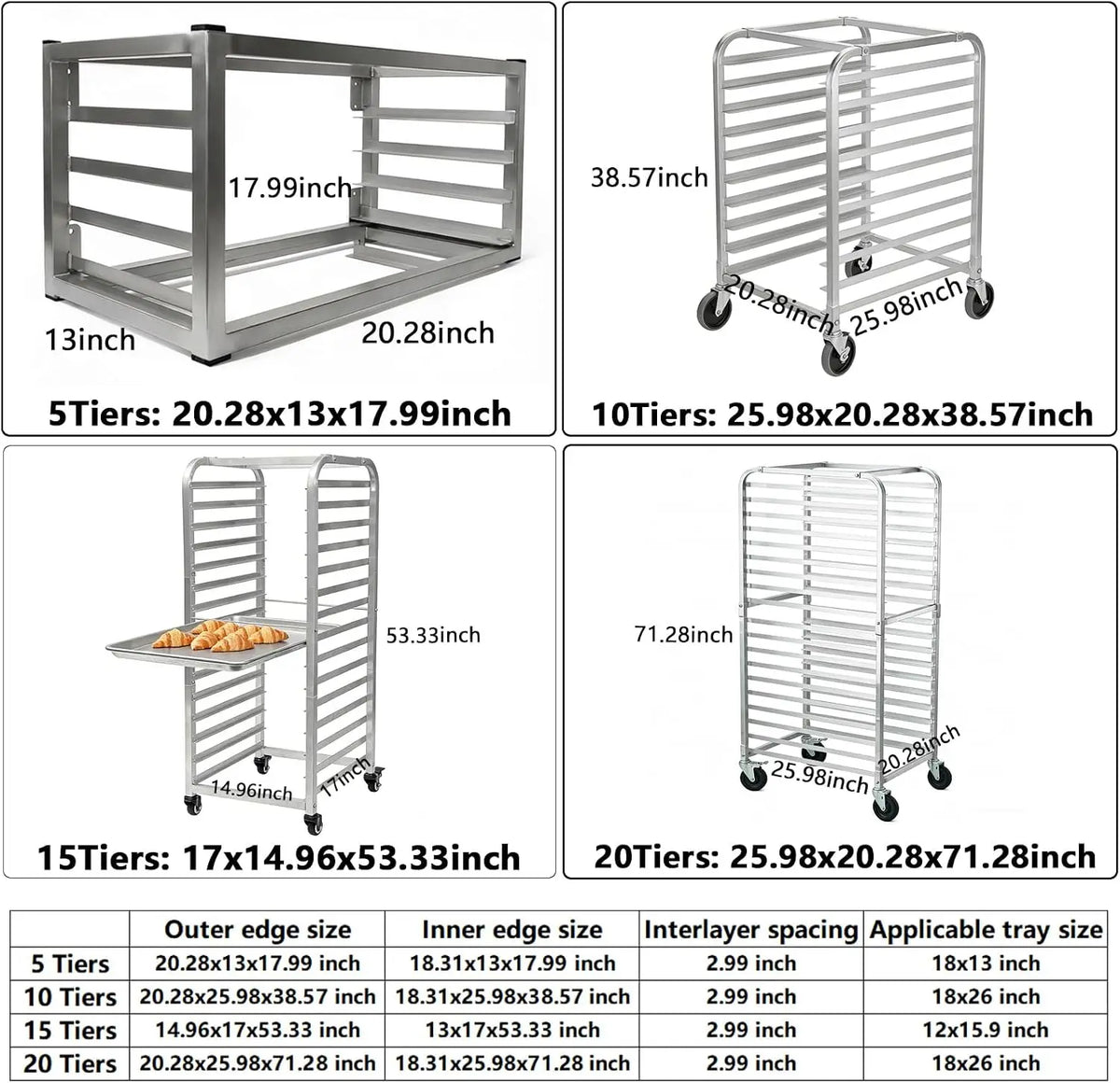 Garvee 20 Tier Aluminum Bun Pan Rack with Wheels 20x26inch Cake Cooling Rack Aluminum Construction Baking Tray Oven Pizza Bread Holder BBQ Shelf Kitchen
