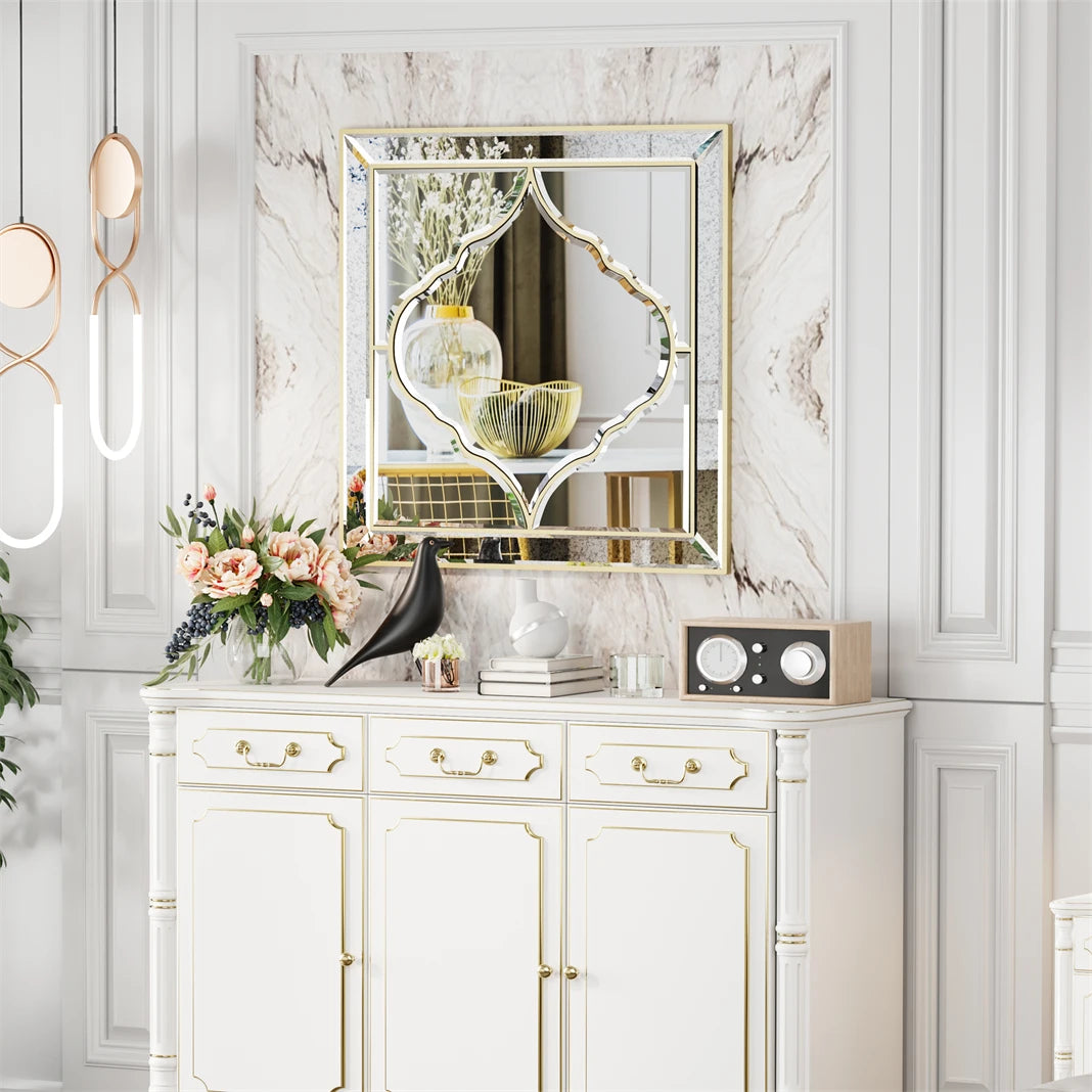 Wall Mirror 600/800mm Square Mirror Modern Accent Mirror with Gold Edge for Livingroom Diningroom Bathroom Bedroom Decor