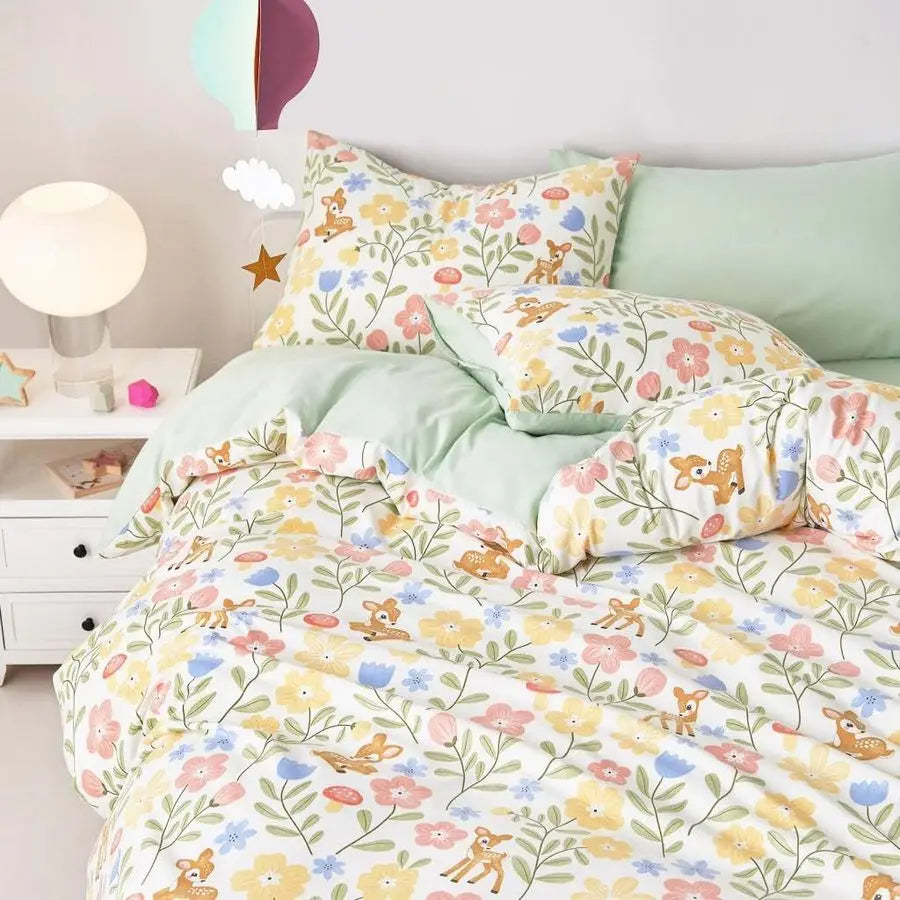 Floral Bedding Set for Girls, Cute Colorful Botanical Flowers Deers Patterned Soft Lightweight Comforter Set with Sheets, 5 Piec