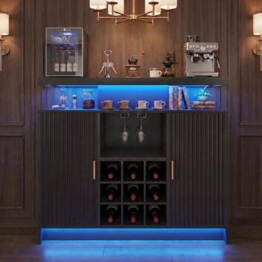 Coffee Bar Cabinet, Wine Storage with Power Outlet and LED Lights