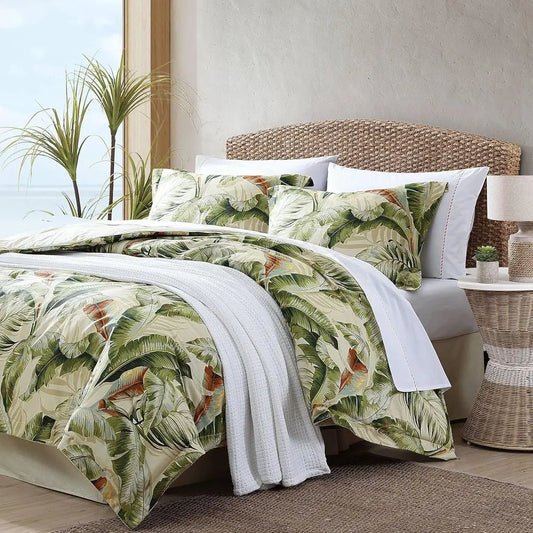 California King Comforter Set, Cotton Sateen Bedding with Matching Shams & Bedskirt, All Seasons (Palmiers Green)