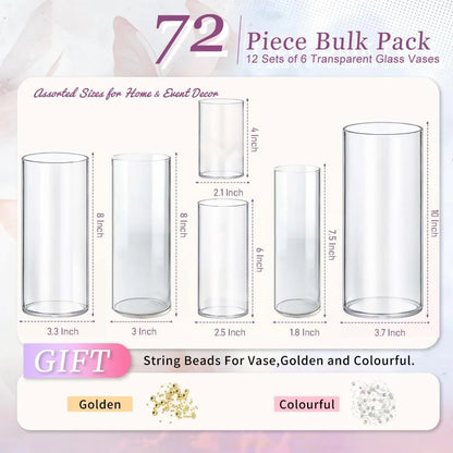 Set of 72 Clear Glass Cylinder Vases for Elegant Centerpieces, Small Flower Arrangements, Home Decor & Table Settings