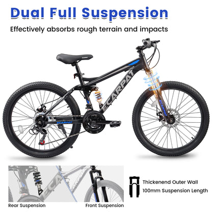 Ecarpat Dual Full Suspension Mountain Bike 24/26/27.5 Inch, Mens Women Teenagers Boy Girl Mountain Bike, 21-Speed Disc Bicycles