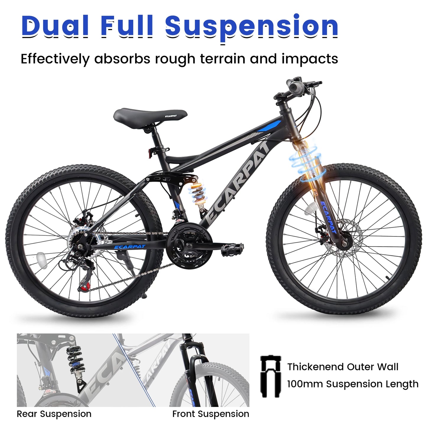 Ecarpat Dual Full Suspension Mountain Bike 24/26/27.5 Inch, Teenagers Boy Girl Mens Women Mountain Bike, 21-Speed Disc Bicycles