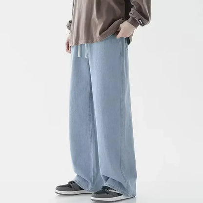 2025 New Korean Men's Casual Long Jeans Classic Man Straight Denim Wide-leg Pants Solid Color Light Blue Grey Black