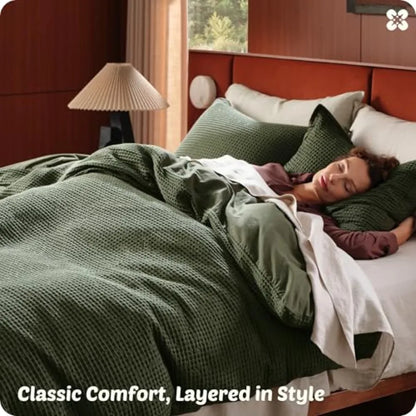 Olive Green 100 Cotton Waffle Weave Duvet Cover Set for All Season Oversized King Size GentleSoft and Breathable Bedding 3 Piec
