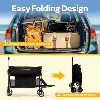 400L Large Capacity Double Decker Collapsible Wagon 500lbs Heavy Duty Utility Folding Cart with Big Wheels 53 Extended for Camp