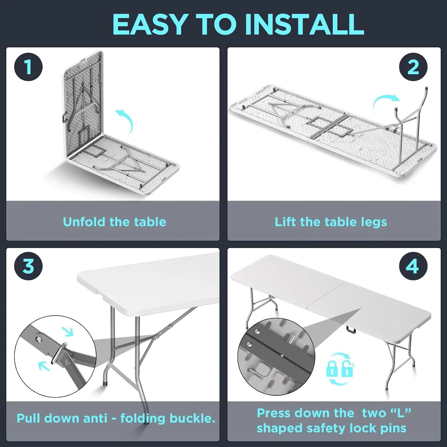 8 ft Folding Picnic Table with Handle & Safety Locks, Portable Outdoor Indoor Plastic Dining Table for Camping, Picnic, Party