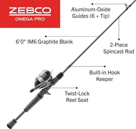 6-Foot 2-Piece Graphite Fishing Rod Combo with Spincast Reel, Pre-spooled Line, Medium Power for Bass and Catfish