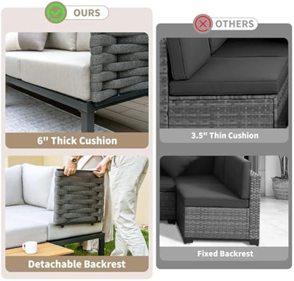 4 Piece Patio Conversation Set, Outdoor Sectional Furniture with Loveseat, Single Chair, 6" Washable Cushions, Beige