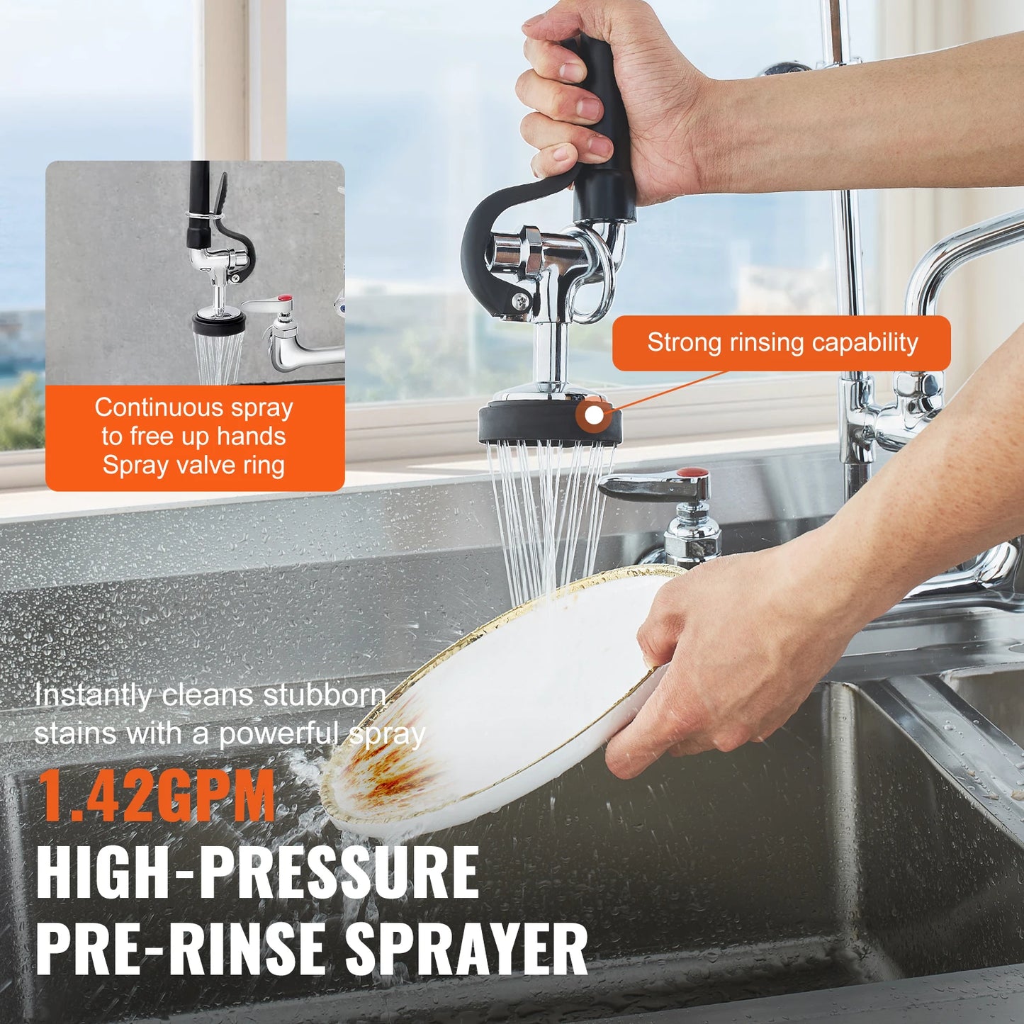 SucceBuy Commercial Faucet with Pre-Rinse Sprayer Wall Mount Kitchen Sink Faucet Brass Constructed Device with Pull Down Spray