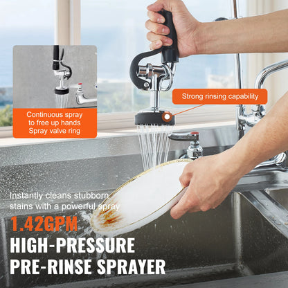 SucceBuy Commercial Faucet with Pre-Rinse Sprayer Wall Mount Kitchen Sink Faucet Brass Constructed Device with Pull Down Spray
