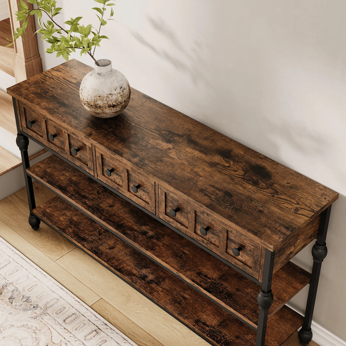 52.5 in Long Console Tables for Entryway with 3 Drawers, 3-Tier Industrial Metal Frame Sofa Table with Roman Column Legs for Hallway, Living Room, Foyer