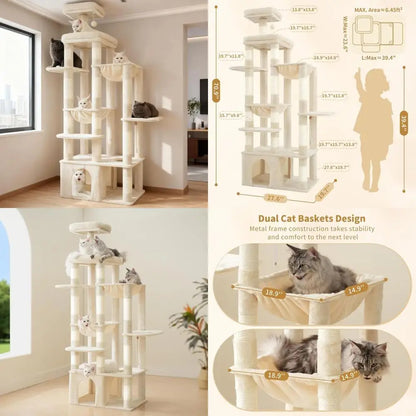 71 High Maine Coon Cat Tower with Large Base, Multi-Level Perches, 2 Hammocks & 12 Scratching Posts, Beige