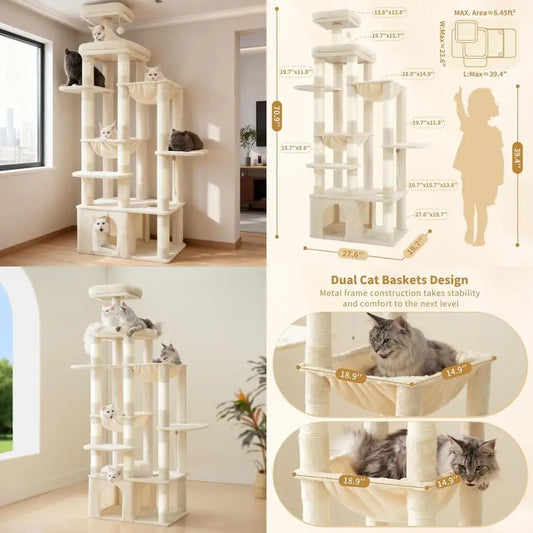 71 High Maine Coon Cat Tower with Large Base, Multi-Level Perches, 2 Hammocks & 12 Scratching Posts, Beige