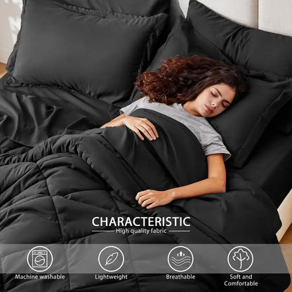 cabin King Size Comforter Set Black, 7 Pieces King Bed in a Bag, All Season Bedding Sets with 1 Comforter, 1 Flat Sheet, 1 Fitte