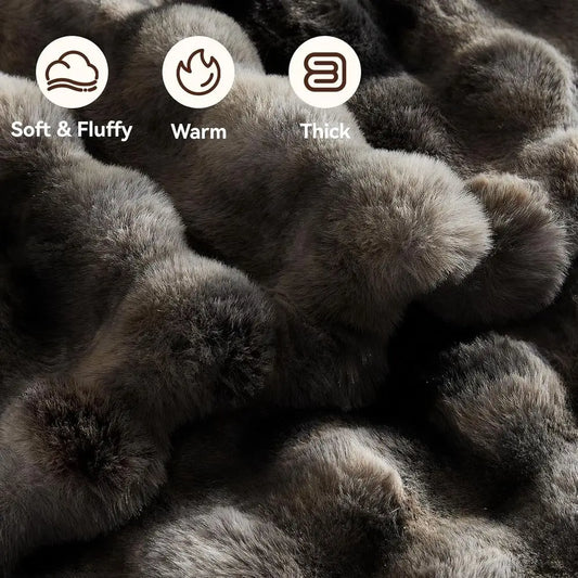 Faux Fur Throw Blanket, 1000GSM Fluffy Soft Bubble Blanket for Couch Bed, Cozy Plush Warm and Thick Blanket, Fuzzy Rabbit Throw
