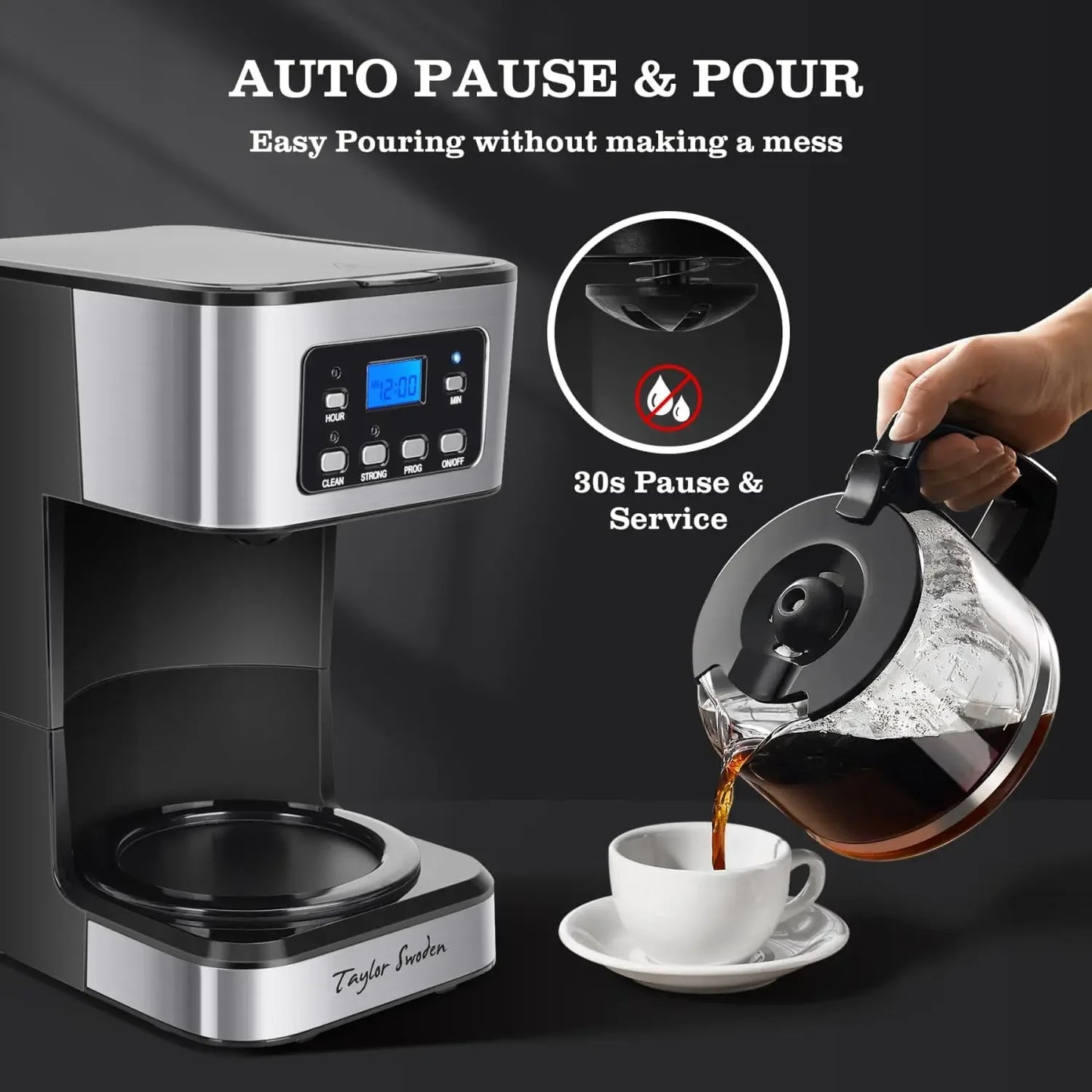 12-Cup Programmable Coffee Maker, Regular & Strong Brew Drip Coffee Machine for Home and Office, Glass Carafe, Pause & Serve, Au