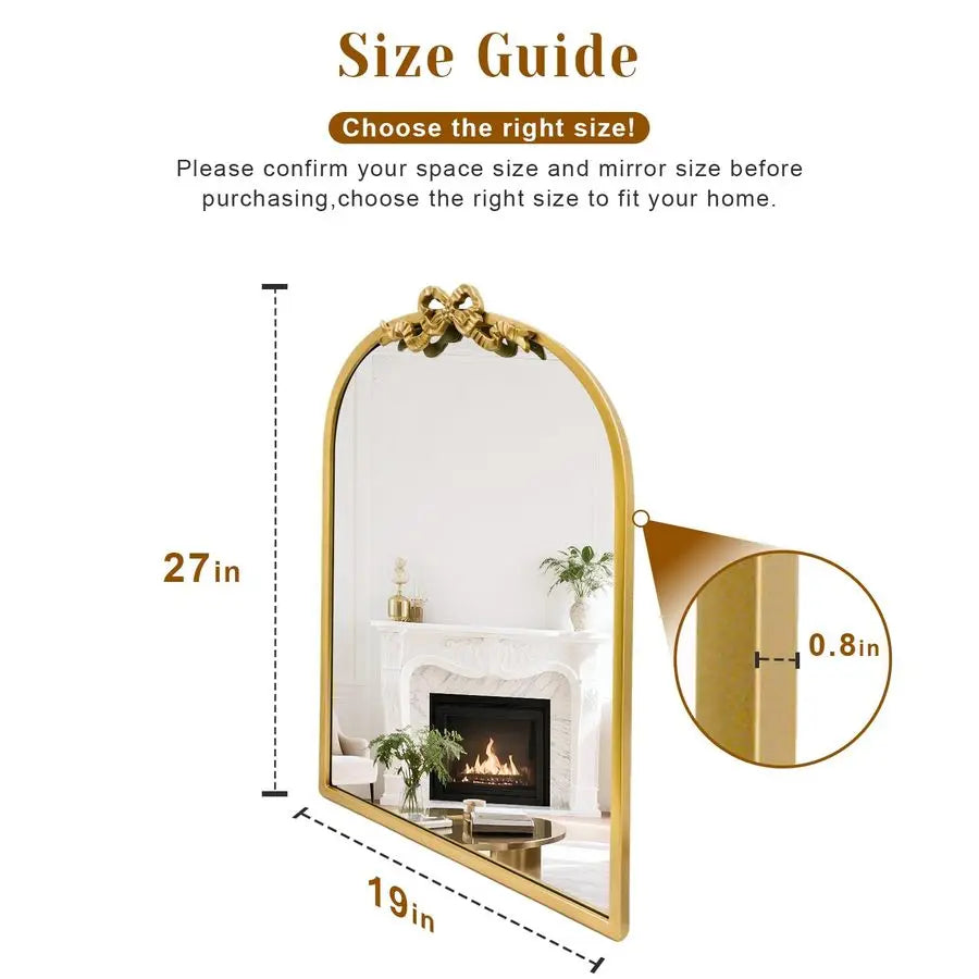 Arched Gold Mirror 27x19 Antique Bathroom Vanity Wall Mirrors with Metal Frame, Baroque Ornate Bow Decor for Living Room, Firepl