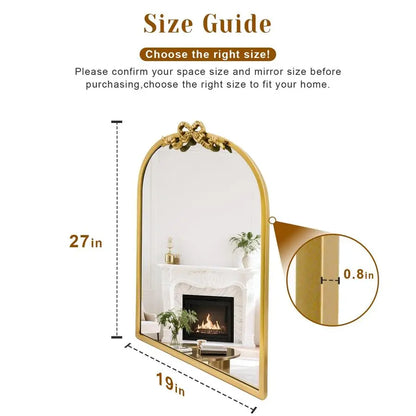 Arched Gold Mirror 27x19 Antique Bathroom Vanity Wall Mirrors with Metal Frame, Baroque Ornate Bow Decor for Living Room, Firepl