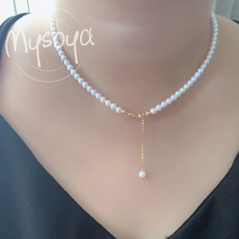 MYSOYA Japan Akoya Seawater Pearl Necklace 5.5-6 Mm Golden S925 Silvery Chain With Gift Box for Her Him for Birthday Wedding