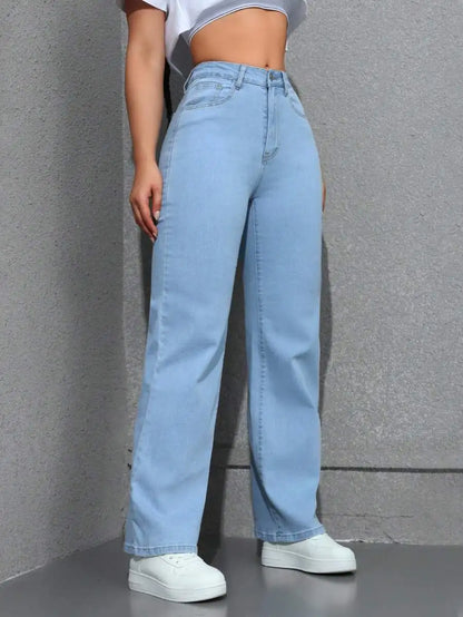 High Waist Wide Leg Washed Denim Jeans for Women - Casual Streetwear Style