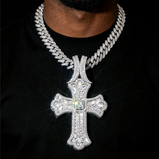 New Fashion Hip Hop Large Cross Lace Pendant Men's Necklace Iced Zircon Jewelry Street Decoration Rap Singer Accessories Suitabl