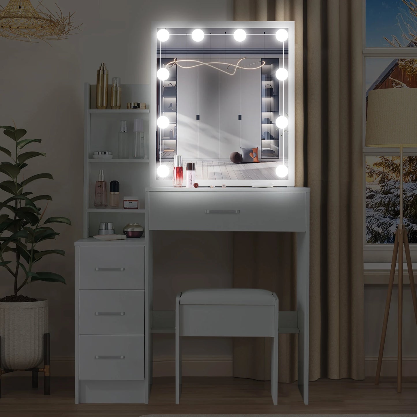 White Makeup Dressing Table W/ Lights Sliding Mirror 4 Drawers Vanity Desk Stool
