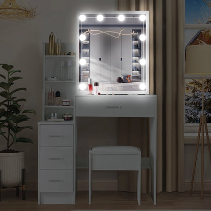 White Makeup Dressing Table W/ Lights Sliding Mirror 4 Drawers Vanity Desk Stool