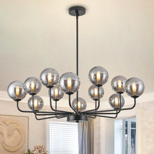 12 Lights Bubble Chandeliers Globe Glass Sputnik Illumination Modern Black Light Fixture Easy To Install For Dining Room