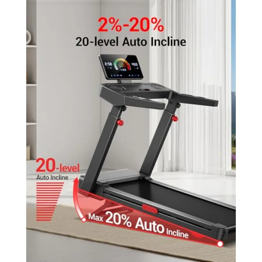 Fitness Home Treadmill with 20 Auto Incline for home gym use, steel frame, black finish, foldable design and quiet motor