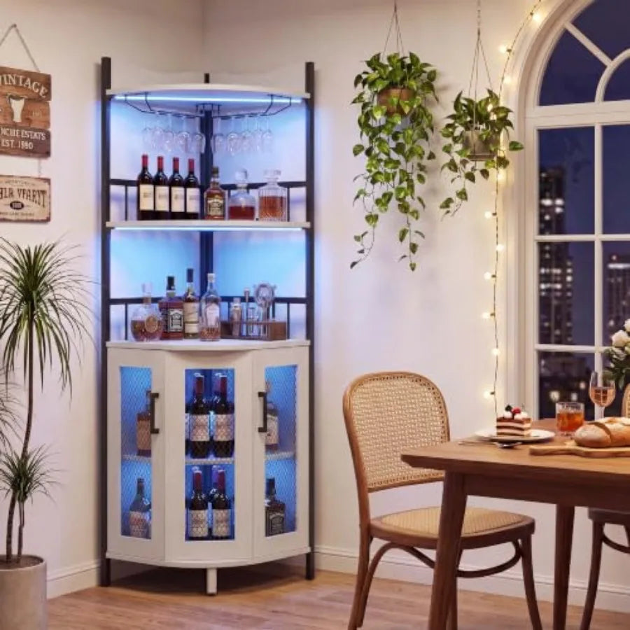 Corner Bar Cabinet, 5Tier Wine Cabinet with Power OutletsandLED Lights