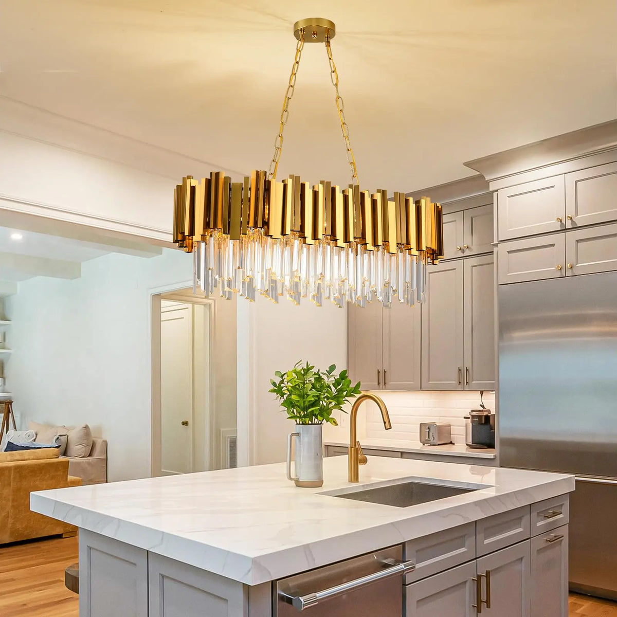 Modern Gold Crystal Chandelier, Luxury Oval Chain K9 Crystal Chandelier Light Fixture-kitchen island/dining room/living room/bar