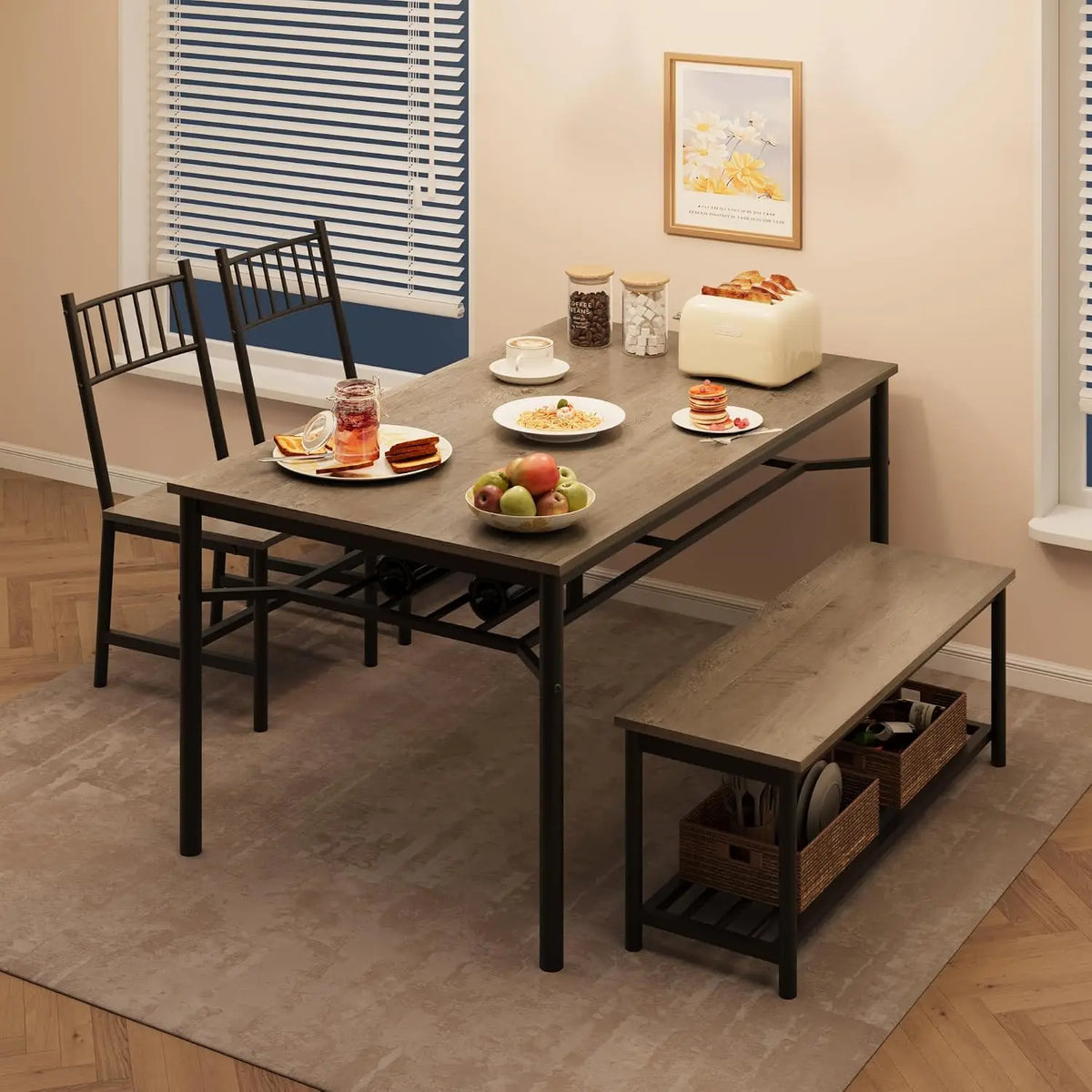 4-Piece Dining Table Set for 4 – Includes Bench & Chairs, Built-in Storage, Space-Saving Design for Apartments and Dining Rooms, Gray
