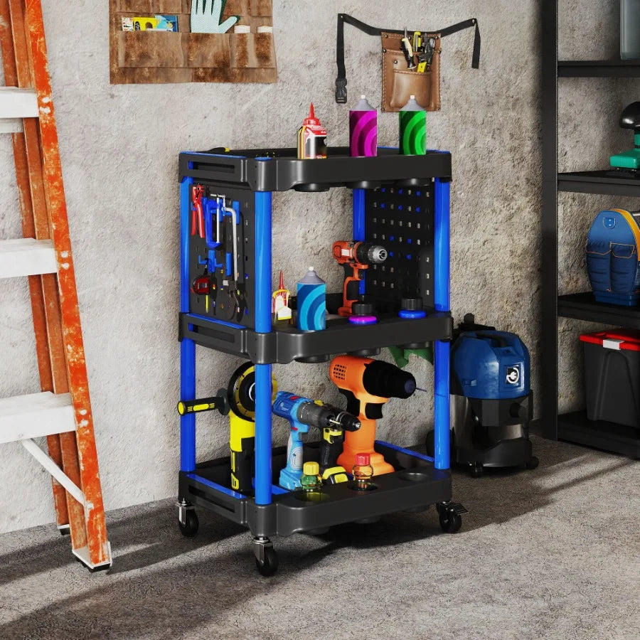 3Tier Rolling Tool Cart 200 LBS Capacity Plastic Utility Cart with Side Shelves for Garage Workshop Black Dark Blue