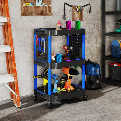 3Tier Rolling Tool Cart 200 LBS Capacity Plastic Utility Cart with Side Shelves for Garage Workshop Black Dark Blue