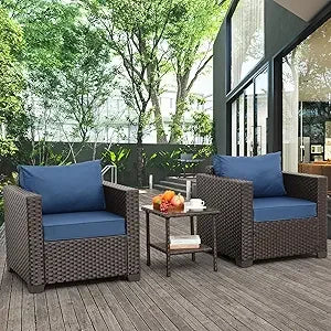 Outdoor Furniture Club Chair 3 Pieces Patio Single Sofa Chairs and Glass End Table Outdoor Chairs Set of 2 and SideTable with A