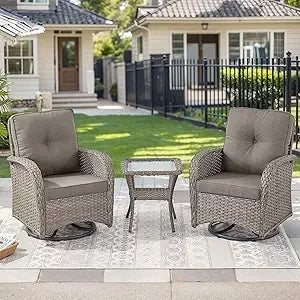 Outdoor Swivel Chairs,3 Pieces Patio Furniture Set with 360 Degree Wicker Swivel Rocking Chairs and Side Table for Garden,Porch