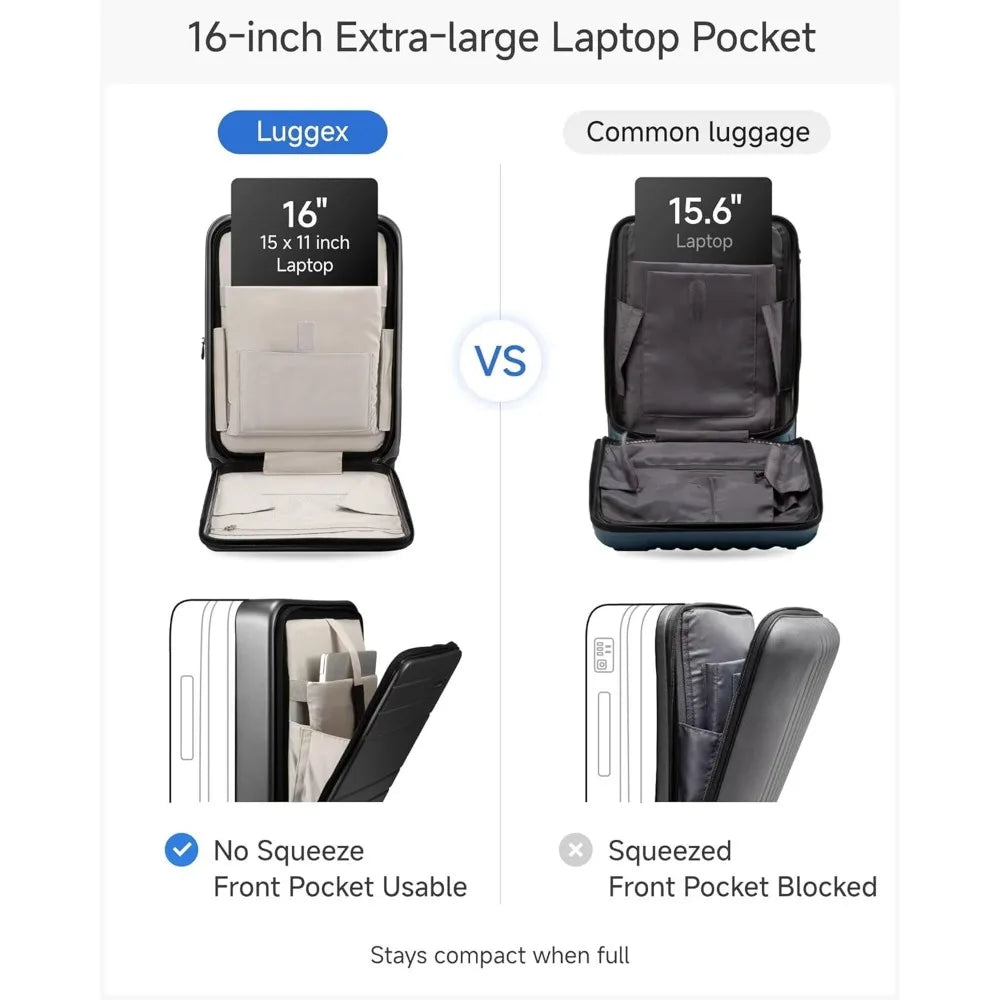 LUGGEX 22x14x9 Inch Expandable Polycarbonate Carry-On Suitcase with Front Pocket - FX-Core Black, 20 Inch